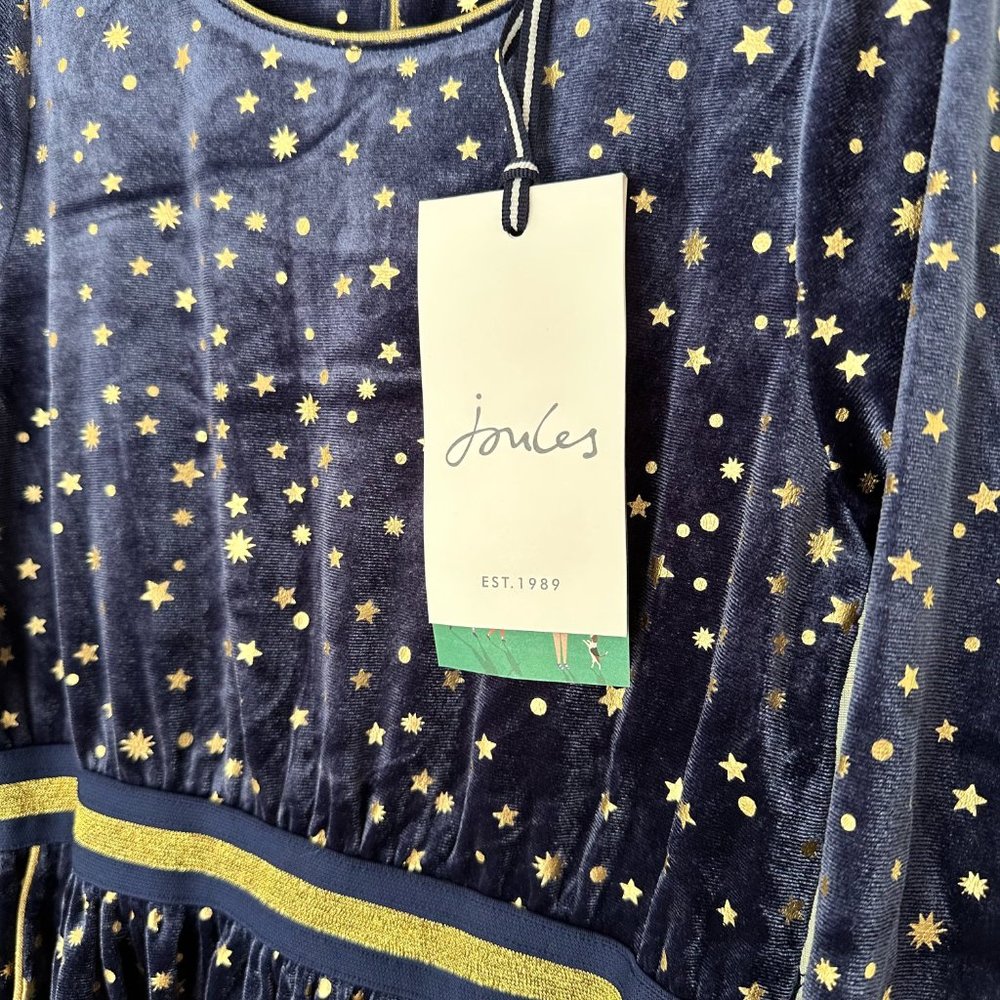 Joules Girls' Navy Velvet Star-Print Dress with Gold Trim - Picture 4 of 9